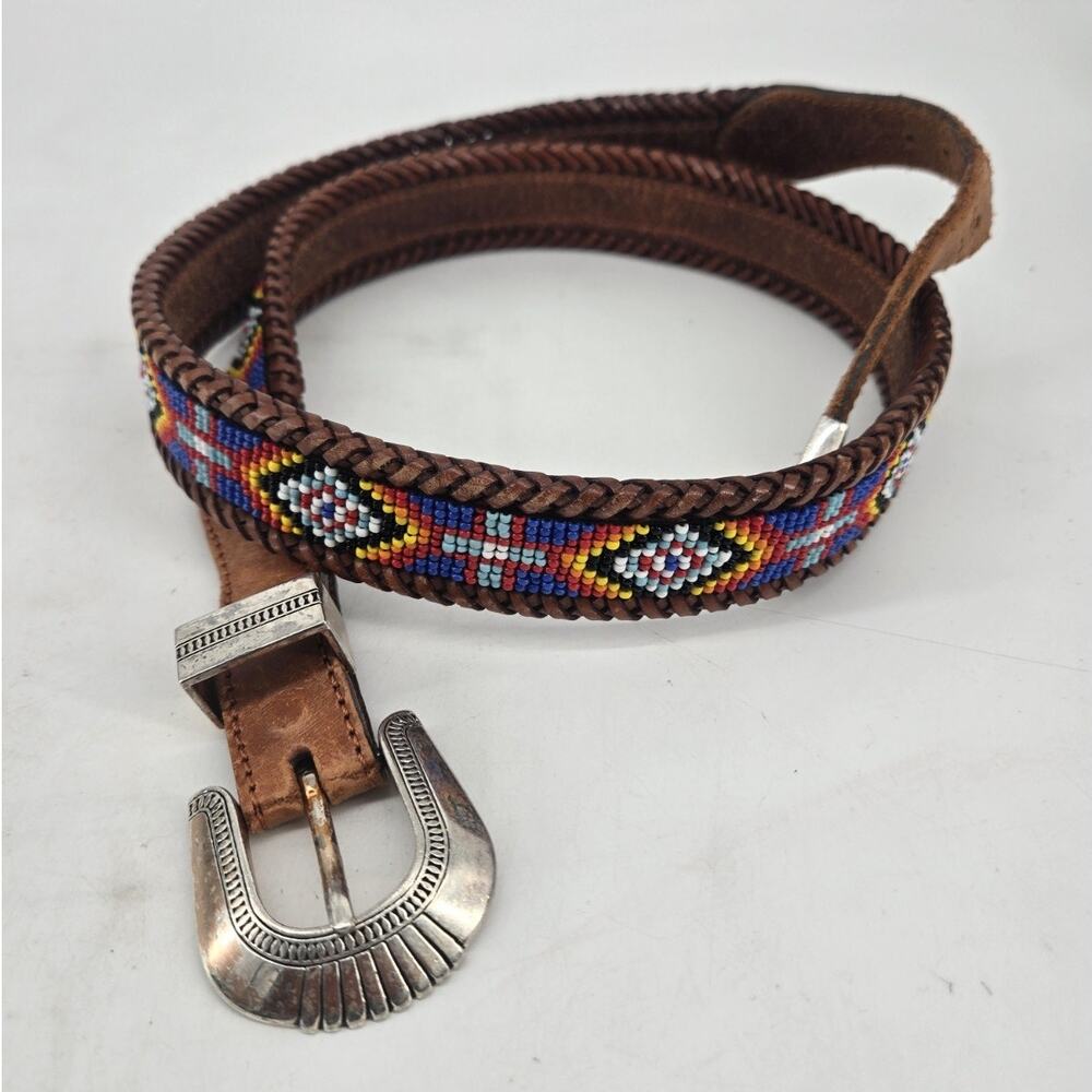 Vtg 1991 Southwestern Beaded Brown Leather Braided Belt Sz 40 Multicolor Unisex